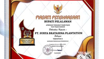 PT. Surya Bratasena Plantation Raih Penghargaan Tax Award 2023 Pembayaran Pajak Terpatuh II Dari Pemda Pelalawan