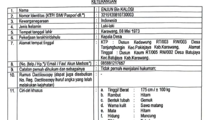 Viral, Enjun Bin Kalosi DPO Polres Kerawang