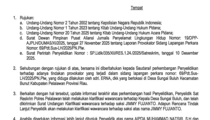 Polres Pelalawan Terbitkan SP2HP, Jimmy Fujianto Diduga Mangkir