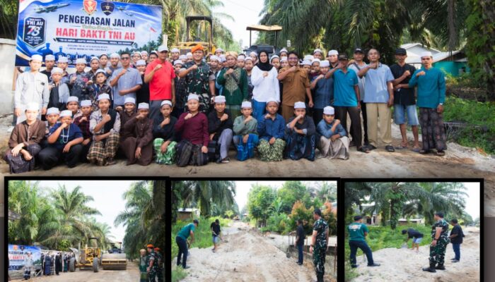 Pemkab Rohul dan Lanud Roesmin Nurjadin Padatkan Jalan Desa Bangun jaya, Warga sambut antusias kerja Bakti TNI AU